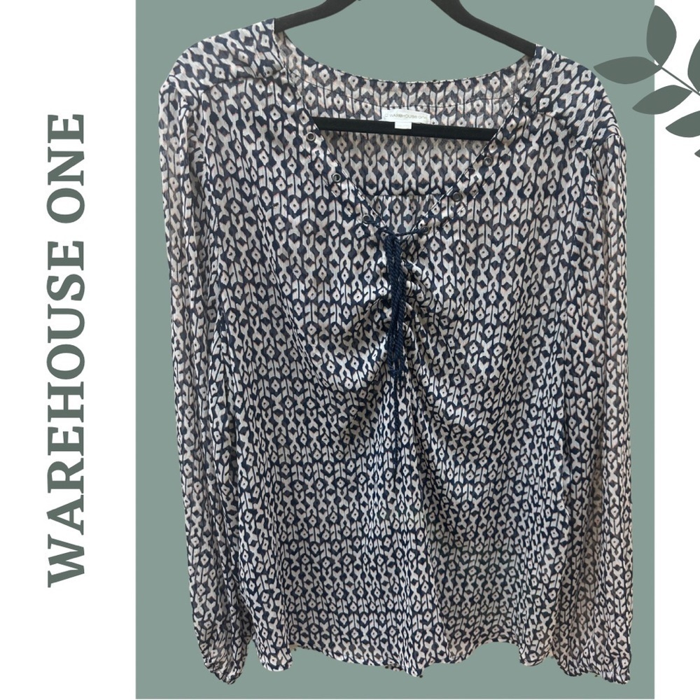 🛍️3/$40 Warehouse One Lightweight Long Sleeve Loose Fit Blue Patterned Top XXXL